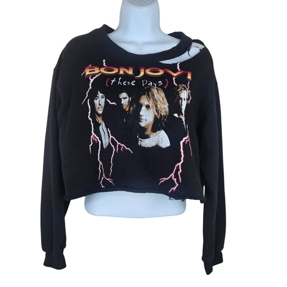 Bon Jovi These Days Tour Distressed Cropped Sweatshirt Womens S Black